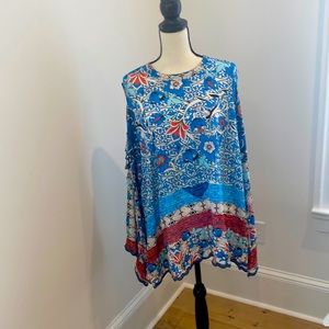 Johnny Was Bondi Top in Blue Floral Print Cold Shoulder Blouse Plus Size 1X